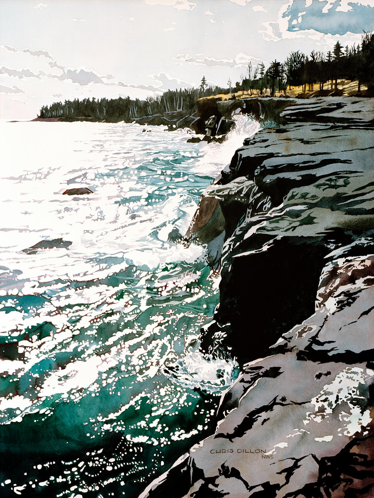 Watercolor painting of rocky Lake Superior shoreline