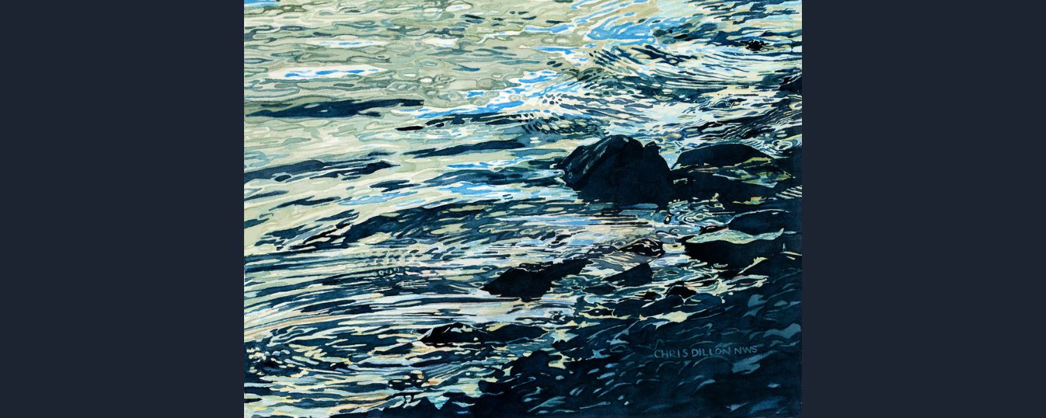 painting of water lapping against a rocky shore