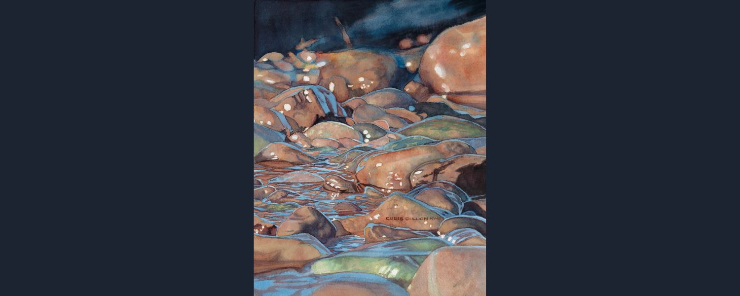 painting of glistening wet stones on the lakeshore